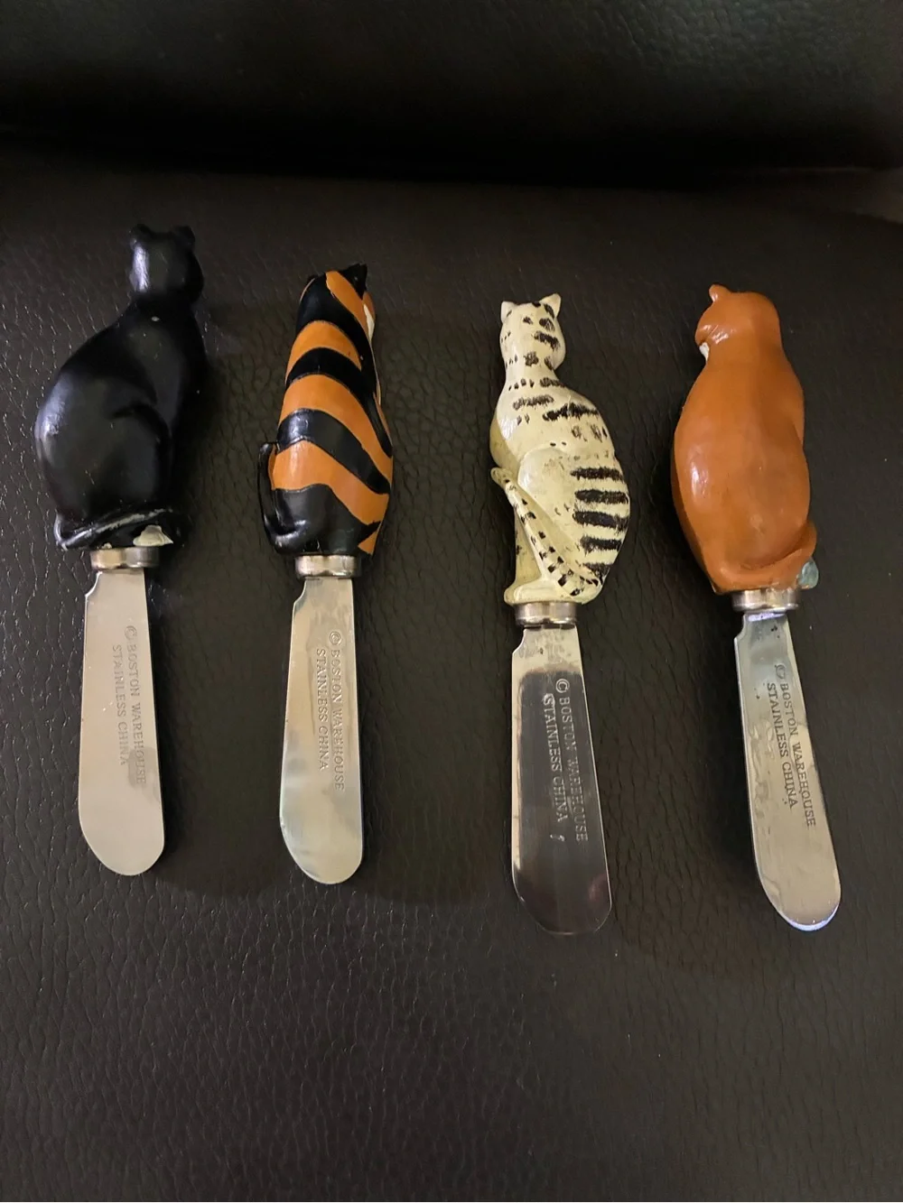 Set of 4 Assorted Boston Warehouse Stainless Steel Cat Designs Cheese Spreaders